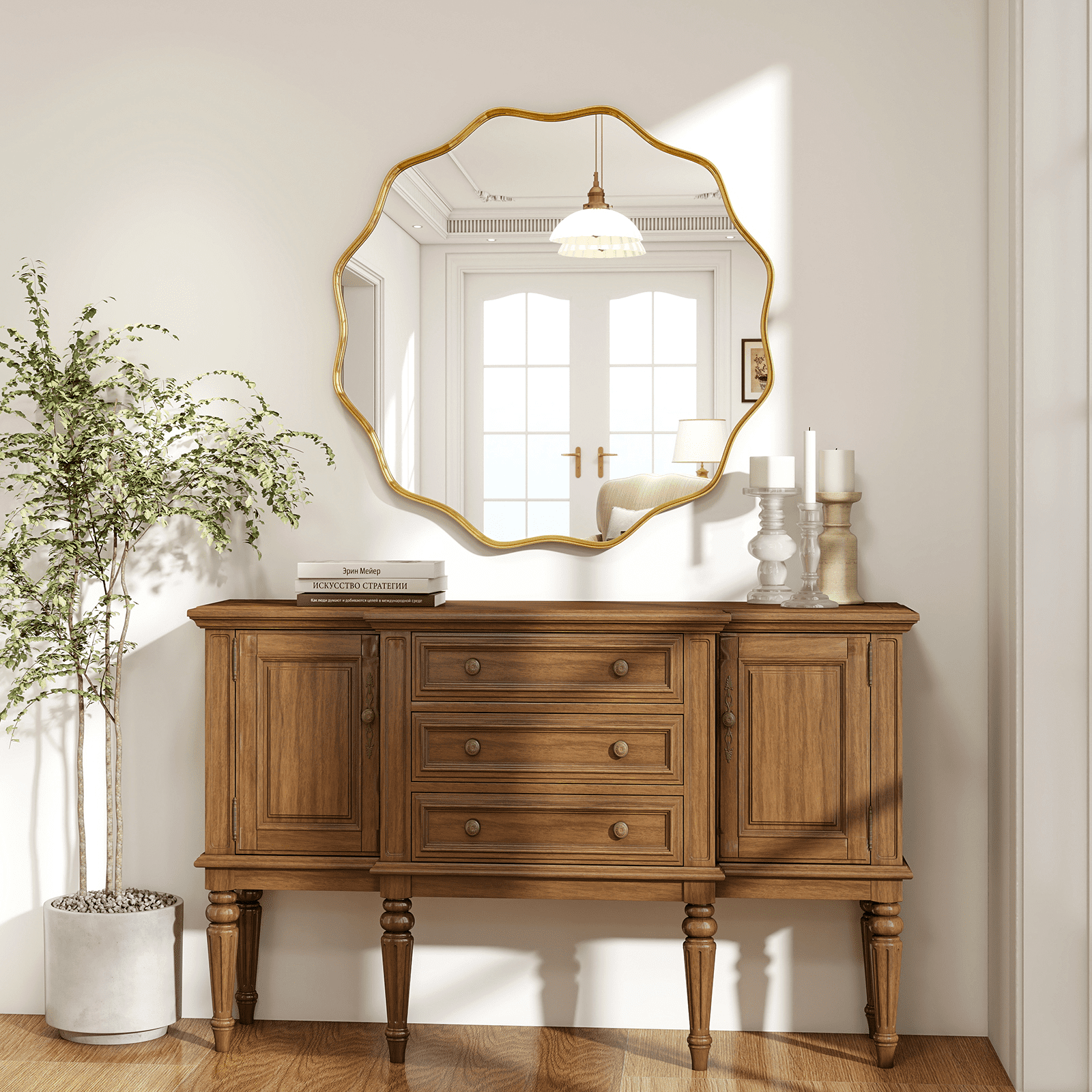 GRAHMCY 24" Wavy Round Bathroom Mirror Decorative Wall Mirror With Deep Frame, Gold