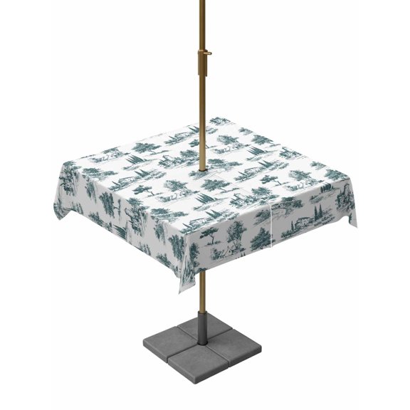 Outdoor Tablecloth with Umbrella Hole for Patio/Picnic/Party/Camping, Farmhouse Castle Waterproof Table Cloth Square Cover Washable, Country Green Tree Vintage Plants Garden (60"x 60")