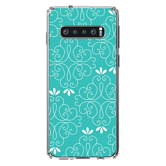 DistinctInk Clear Shockproof Hybrid Case for Samsung Galaxy S10  PLUS(6.4" Screen) - TPU Bumper, Acrylic Back, Tempered Glass Screen Protector - Teal White Floral