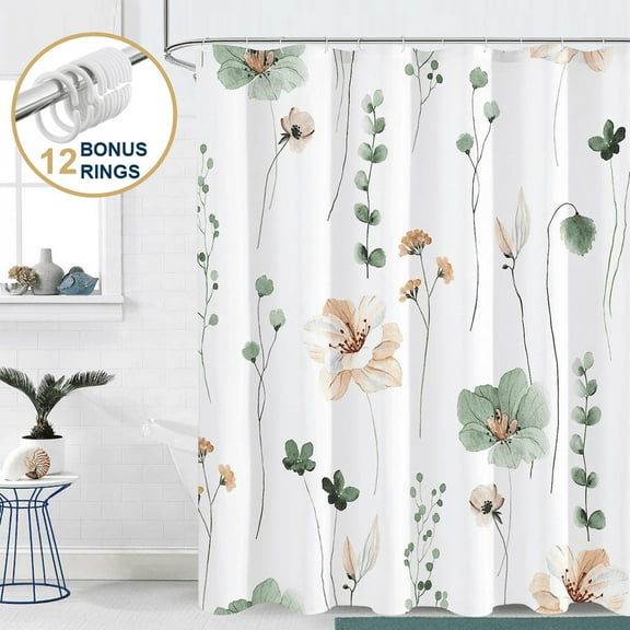 ComfiTime Floral Shower Curtain with Hooks – Heavy-Duty Mold/Mildew-Resistant, Weighted-Hem Fabric Bathroom Curtain, Water-Repellent, Machine-Washable, Fade-Resistant, Blossom Print, 72 x 72
