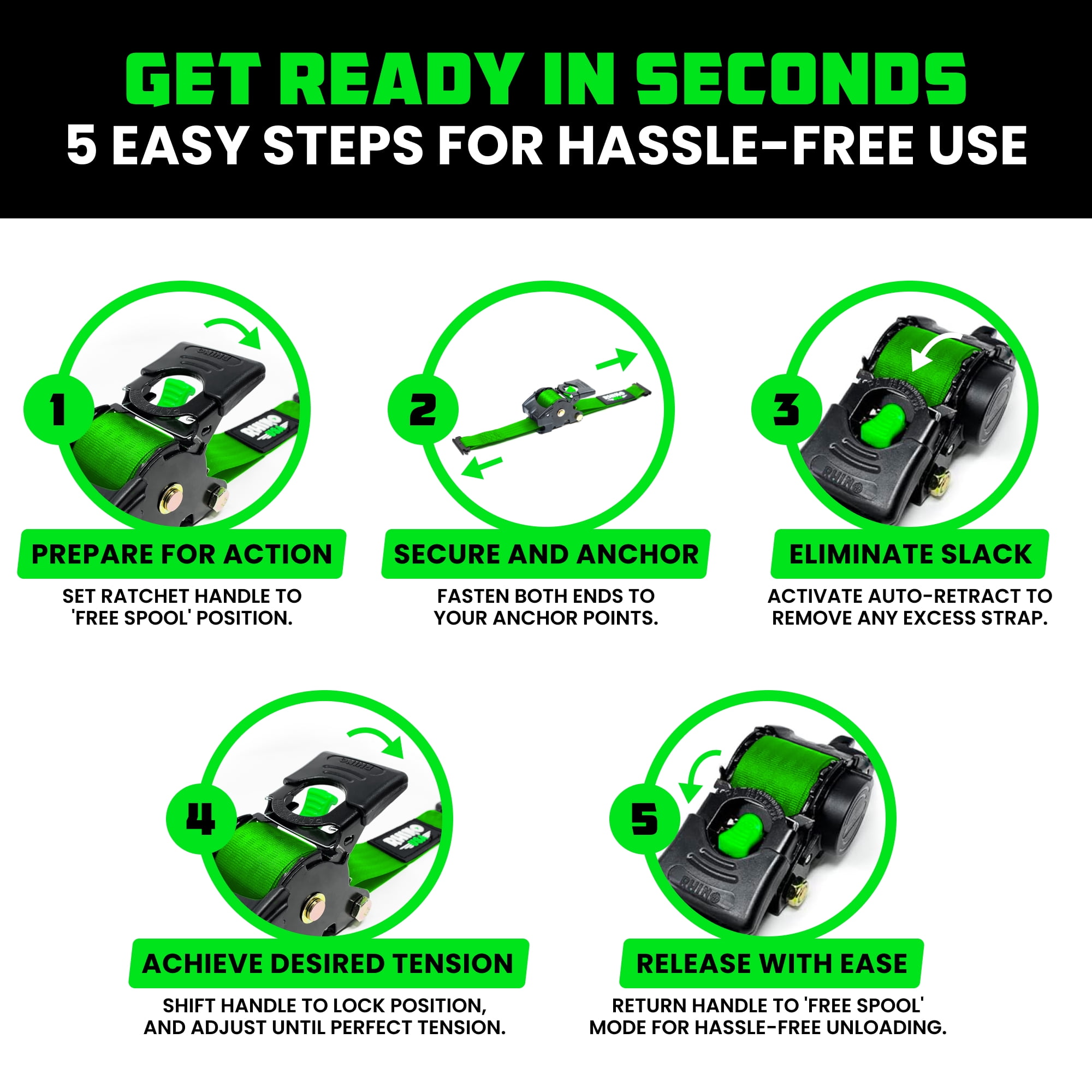 Rhino USA 2" x 10' E Track Retractable Ratchet Tie Down Straps - 3033lb Break Strength (Green 2Pack)