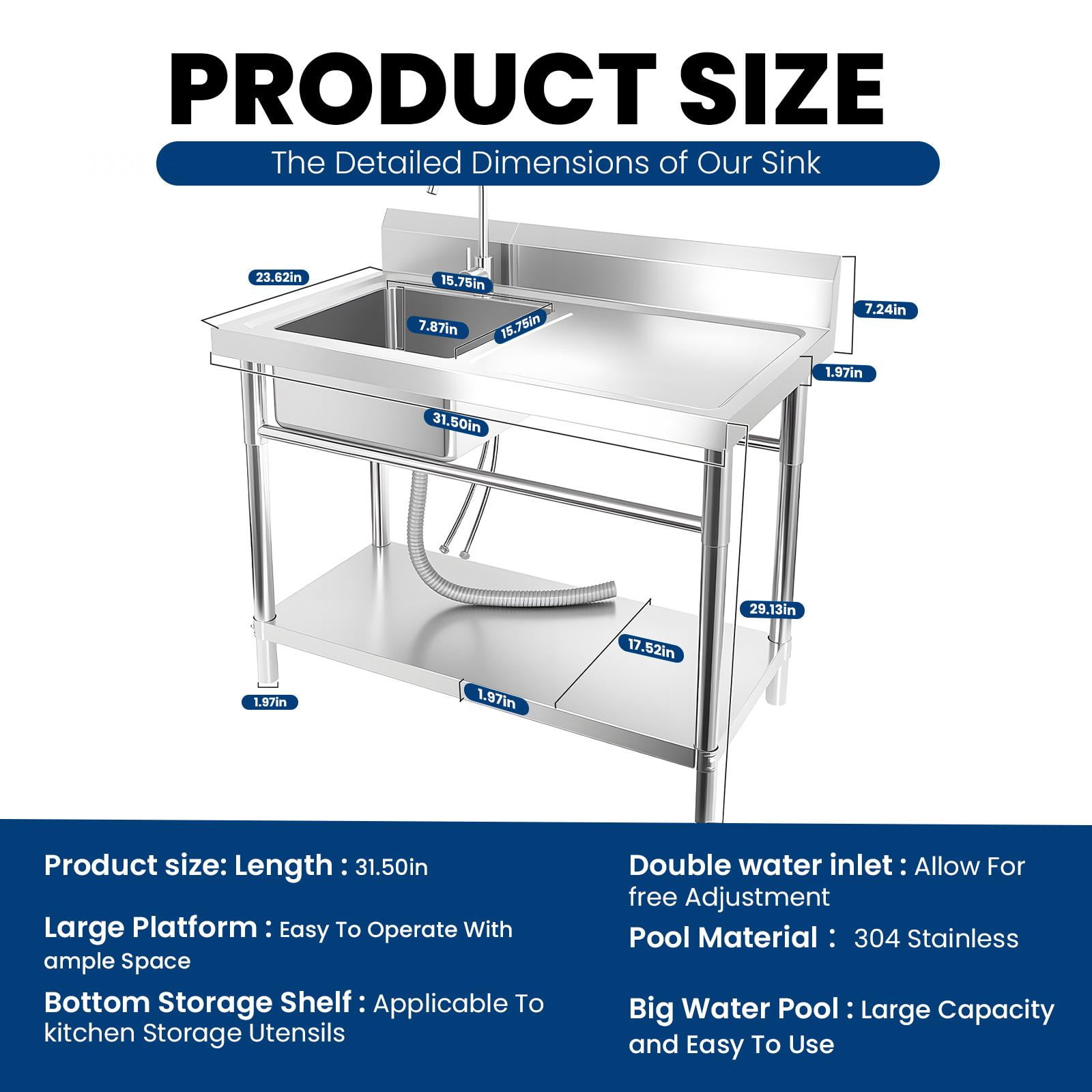 Heavy Duty Stainless Steel Utility Sink Load Up to 398LBS, Free Standing Single Bowl Commercial Kitchen Sink with Hot And Cold Water Inlet Pipes, 31.5×23.62×36.37 In, for Garage, Restaurant, Laundry