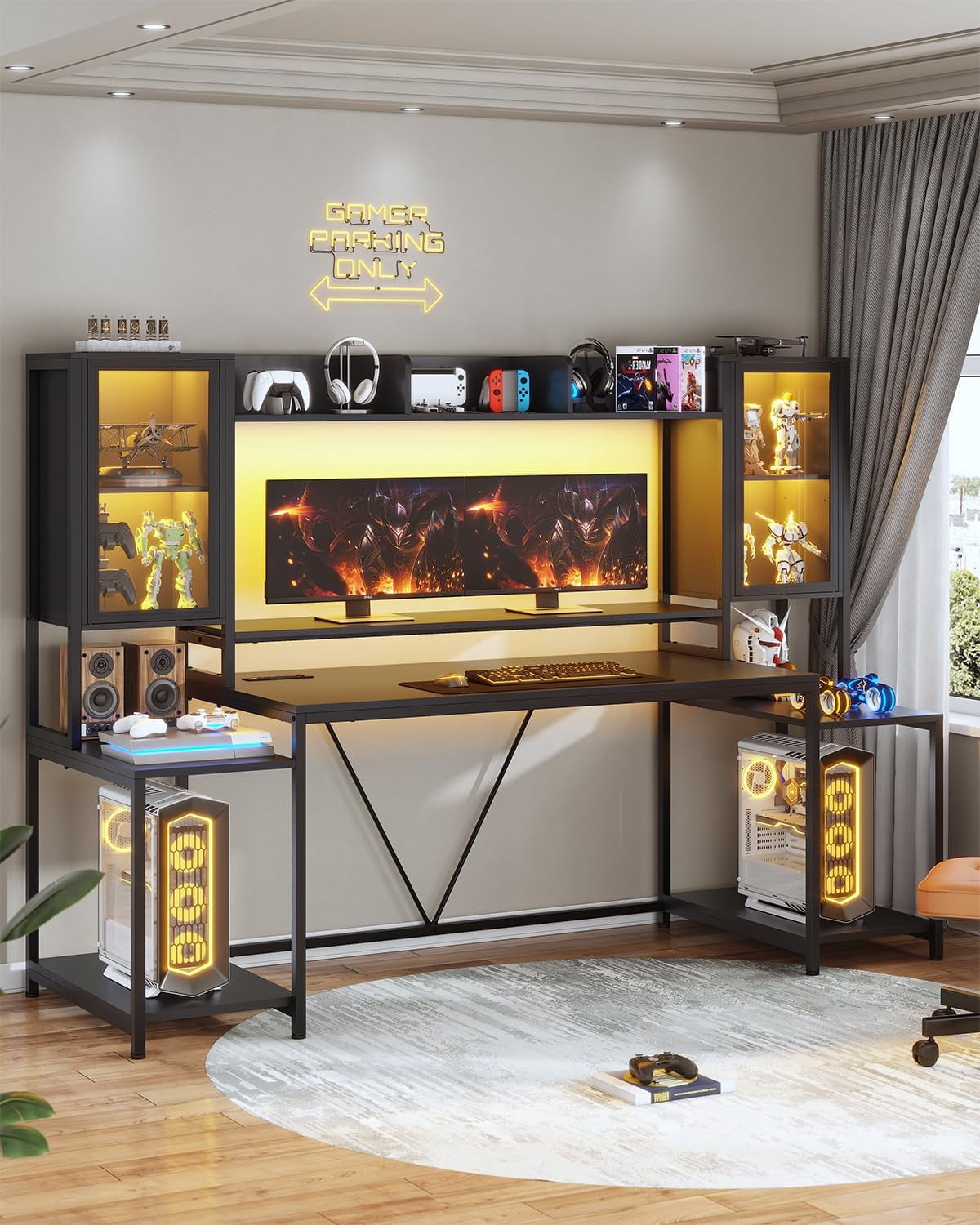 74.8" Gaming Desk with LED Lights, Hutch and Storage Shelves, Ergonomic Computer Desk with Monitor Stand, Large PC Gamer Desk Workstation for Bedroom, Living Room, Black