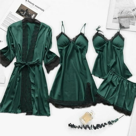 

4PC Silk Robe Sleep Set for Women- Lace Satin Pajamas
