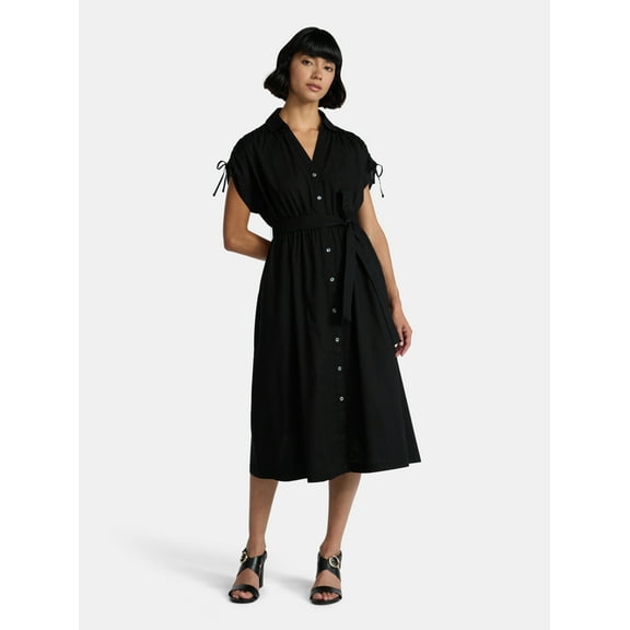 Time and Tru Women's Tie Front Button Down Shirt Dress, Sizes XS-XXXL