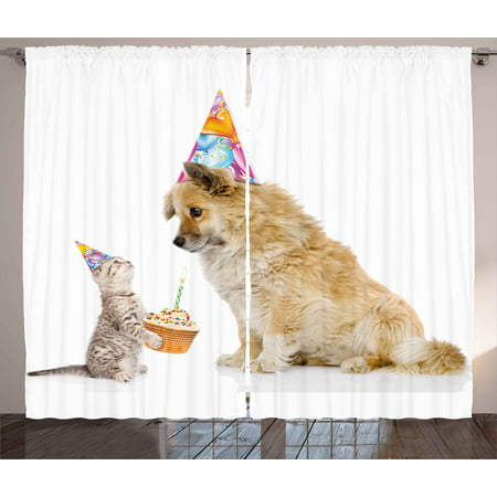 Kids Birthday Curtains 2 Panels Set, Cat and Dog Domestic Animals Human Best Friend Party with Cupcake and Candle, Window Drapes for Living Room Bedroom, 108W X 108L Inches, Multicolor, by