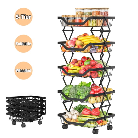 Bemico Foldable 5-Tier Fruit Vegetable Storage Basket Organizer Cart, Stackable Metal Rolling Kitchen Storage Cart for Home Pantry Bedroom Laundry, Black