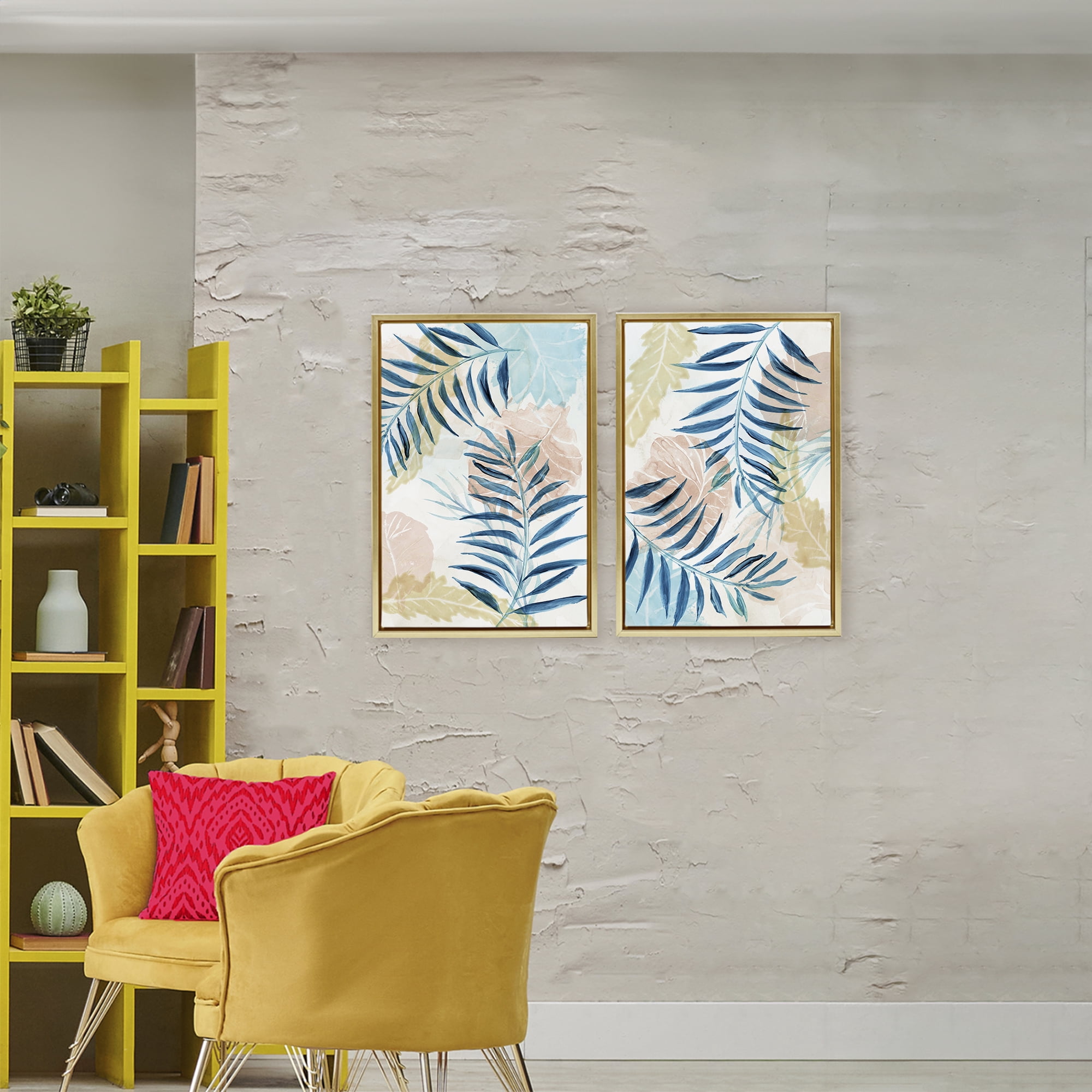 Stupell Industries Pastel & Blue Palm Fronds 2 Piece Gold Framed Floater Canvas Set, design by Nan