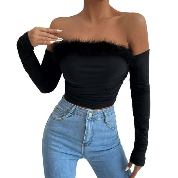 Women's Retro Feather Collar Shirt Long Sleeve Top Off Shoulder Slim Sexy Top