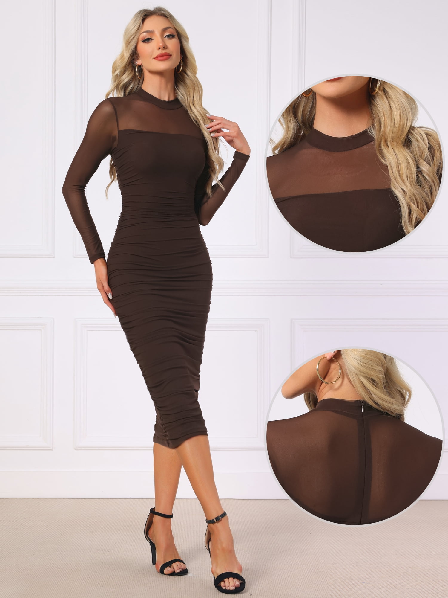 DARING DIVA Mesh Ruch Elegant Cocktail Bodycon Dress XL Coffee