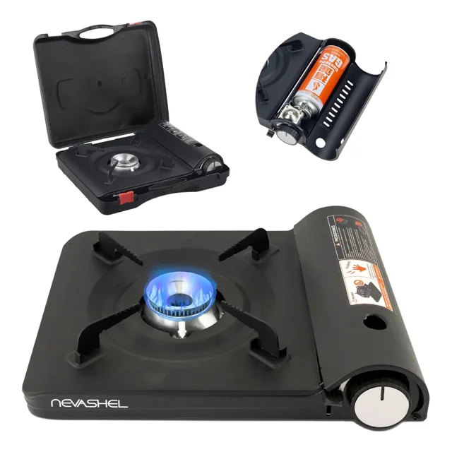 Parrilla Portátil A Gas Butano Y Propano Camping Cocina Nevashel Kitchen AD-24 Ideal Para Acampar Diseño Compacto Y Ligero Encendido Automático Portatil Incluye Estuche Para Viajes Resistente Y Segura