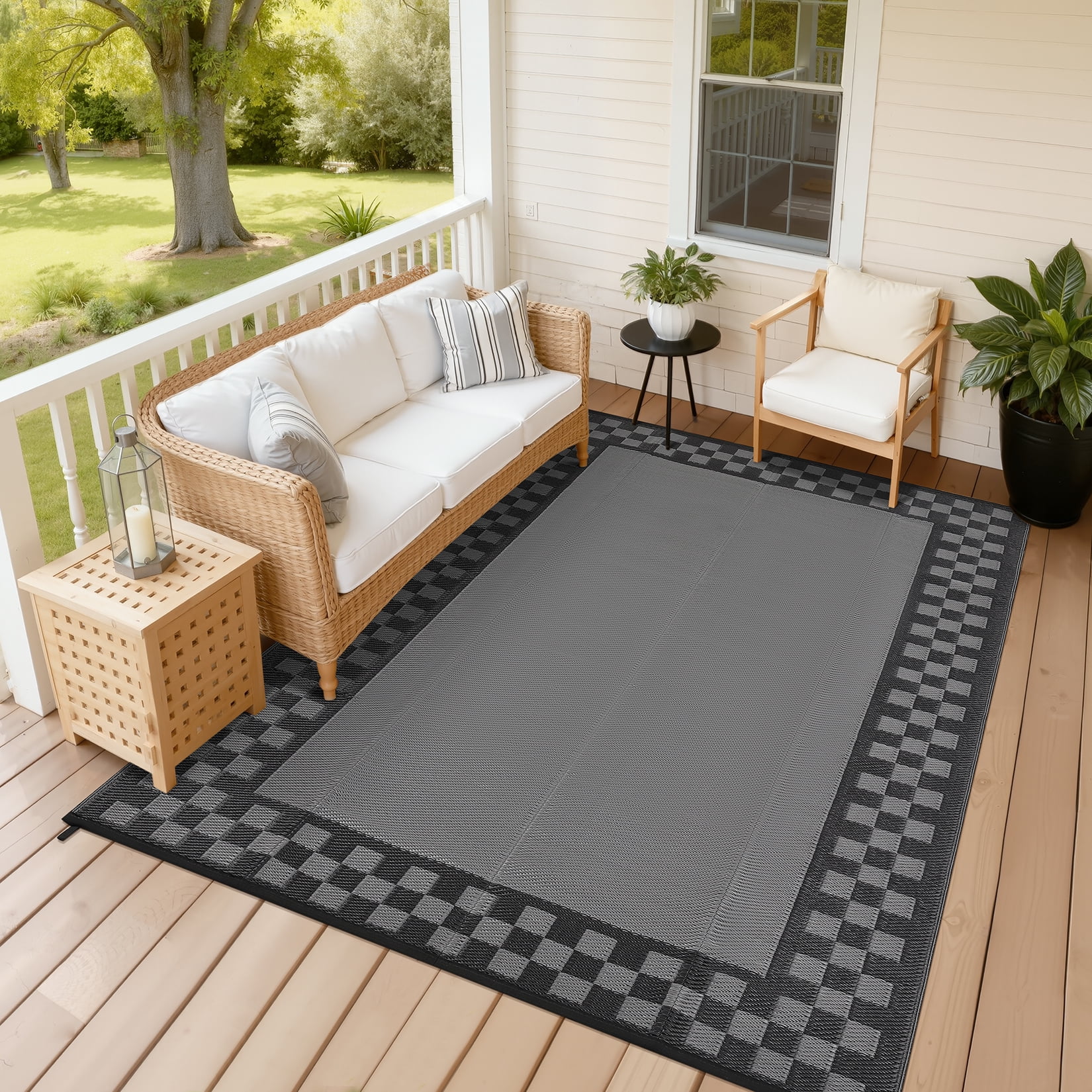 Hasoo 9' x 12' Black/Gray Outdoor Rug for Patio Decor Waterproof Plastic Straw Modern Geometric Bordered Carpet PP Tube Woven Portable Camping Mat for Picnic Balcony