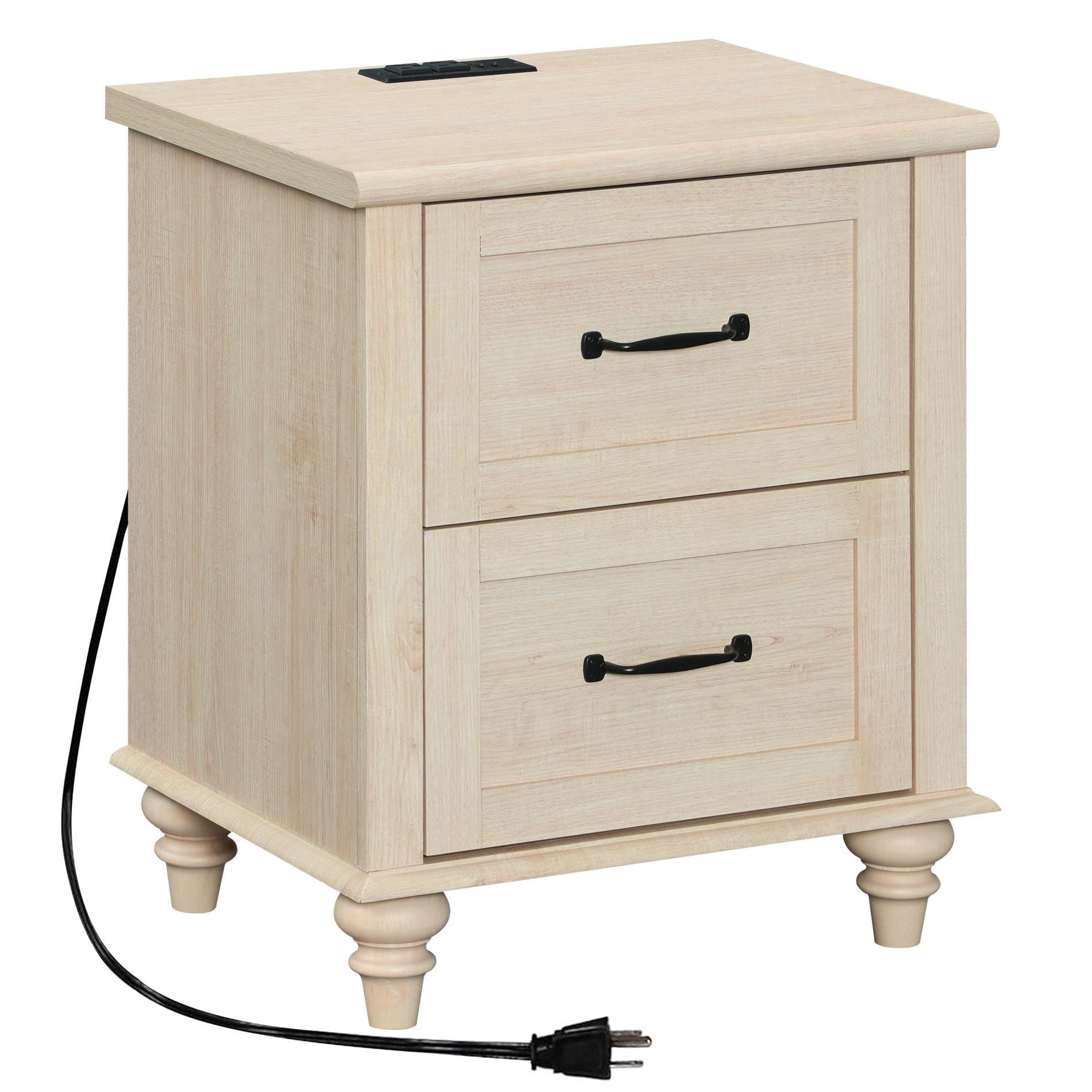 End Table with Charging Station, 2-Drawer Nightstand for Bedroom, Elegant Side Table for Living Room, Dorm, Beige