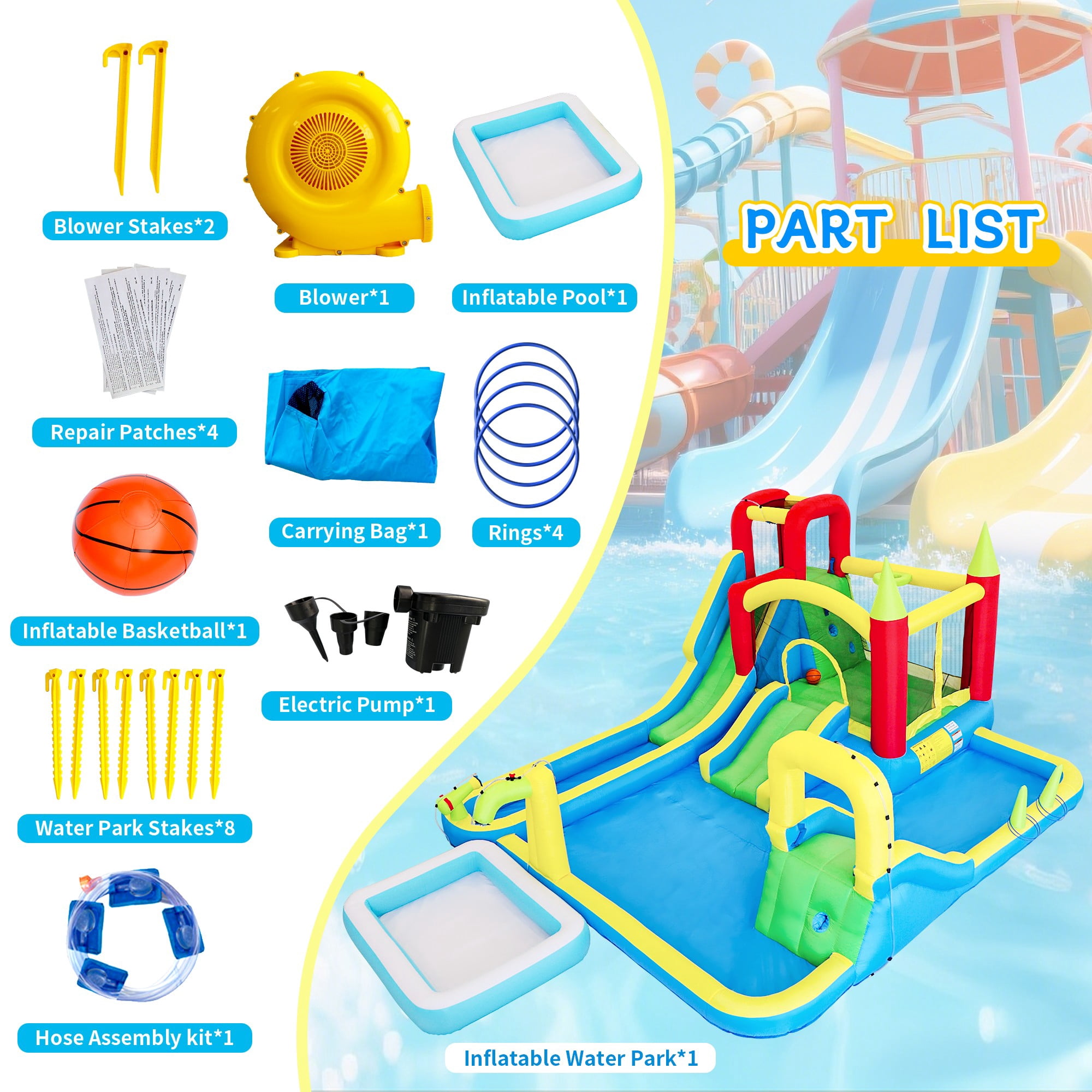Aukfa 11-in-1 Inflatable Water Slide Bounce House with Blower, Kids Backyard Water Park with Pools, Climbing Wall, Trampoline, Water Gun, Basketball Hoop & Ring Toss, Outdoor Bouncy Castle