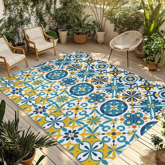 Modern Mediterranean Outdoor Rug for Patio/Deck/Porch, Non-Slip Large Area Rug 5 x 7 Ft, Retro Moroccan Tiles Texture Vlue Yellow Indoor Outdoor Rugs Washable Area Rugs, Camping Rug Carpet Runner