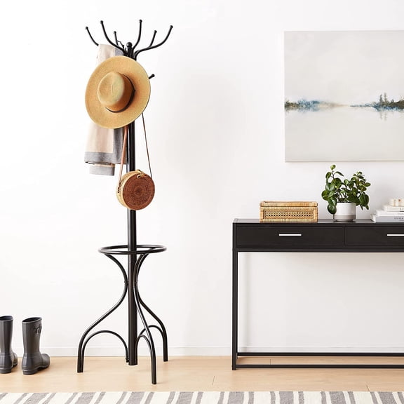 Coat Rack Freestanding, 75 Inch Heavy Duty Metal Hanger Stand with Umbrella Holder, Entryway Hat Jacket Hanger with 12 Hooks for Scarf Crutch Bag, Standing Coat Tree Rack (Black)