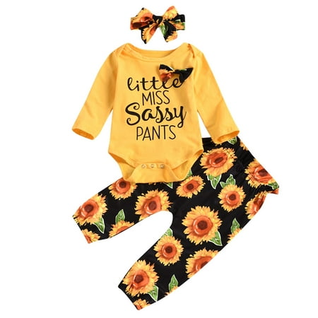 

nsendm Baby Wrap And Headband Set Toddler Tops+Pants+Hairband Sunflower Print Set Girls Baby Outfits Matching Items Yellow 2-3 Years