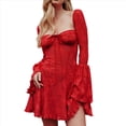 thumbnail image 2 of Vestido Mini de Mujer 2025 con Escote Cuadrado y Larga, Corte A, Corto. Rojo L, 2 of 8