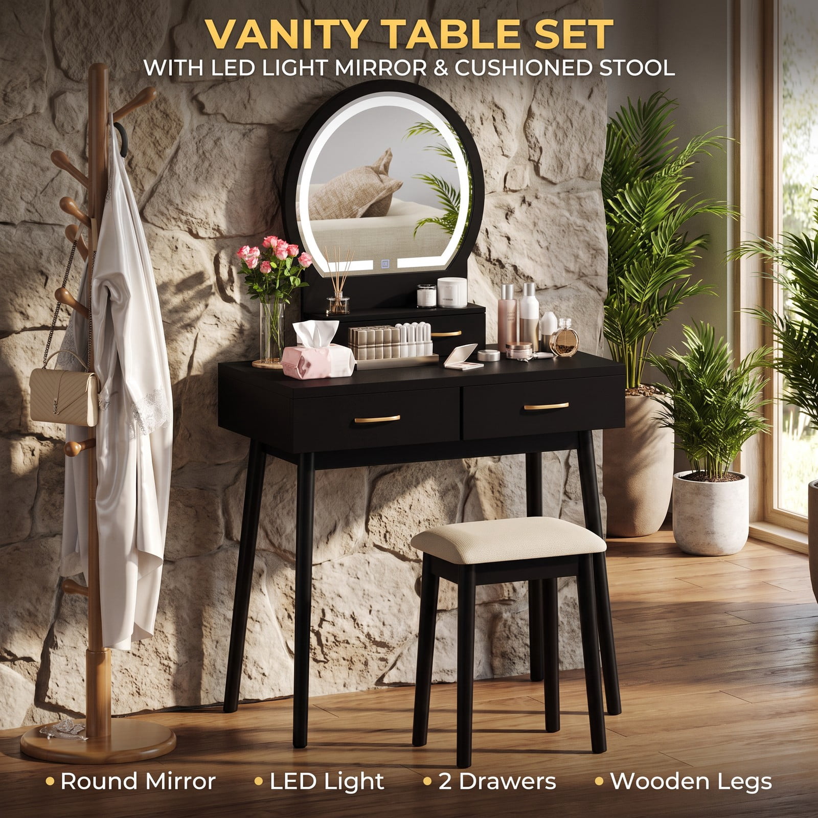 Furnibear Small Vanity Desk Set With LED Lighted Mirror and Cushioned Stool, Compact Makeup Dressing Table With 4 Drawers, Black