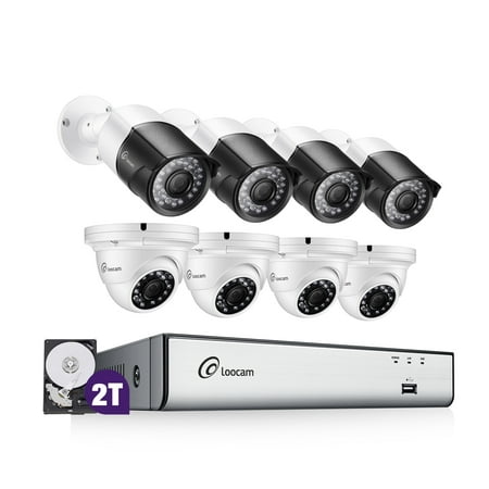 Loocam 5MP Security Camera System 8-Channel DVR w/ 2TB Storage and 8 x 5MP Night Vision IP67 Outdoor/Indoor Weatherproof CCTV Video Surveillance Bullet/Dome Cameras and Loocam