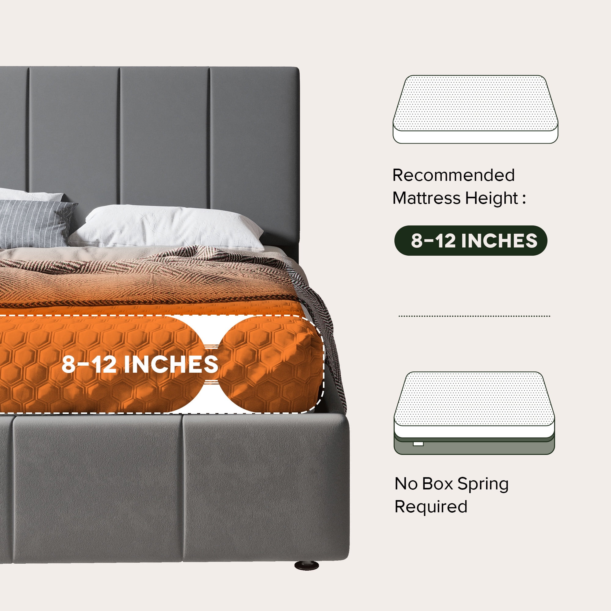 Einfach Queen Size Storage Bed Frame, Lift Up Velvet Platform Bed with Adjustable Upholstered Headboard, No Box Spring Needed, Gray