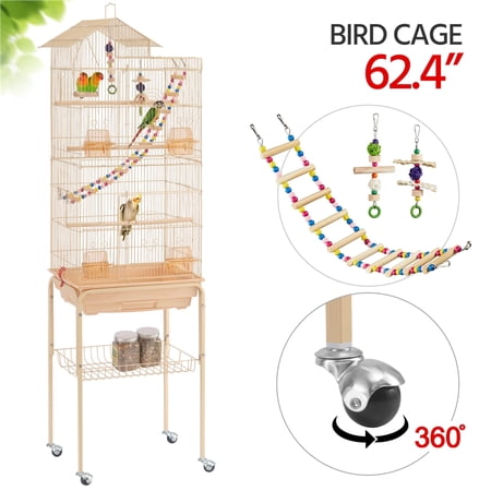 Topeakmart 62.4''H Rolling Metal Birdcage Parrot Cage with Detachable Stand, Almond