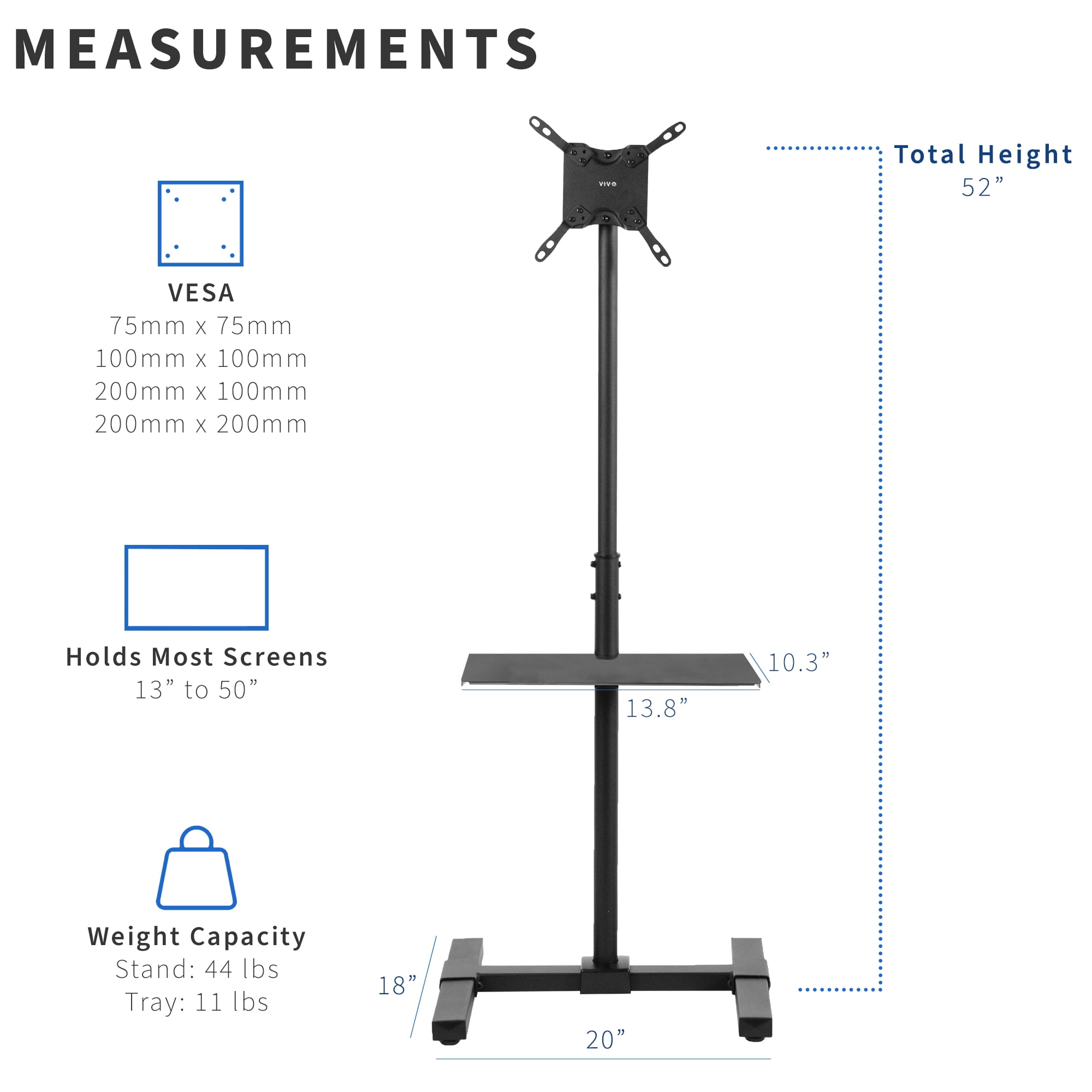 VIVO TV Display 13" to 50" Height Adjustable Floor Stand with Storage Shelf