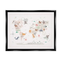 Stupell Industries Native Wildlife Animals Countries World Map Education Graphic Art Jet Black Floating Framed Canvas Print Wall Art, Design by Andrea Jasid Grassi