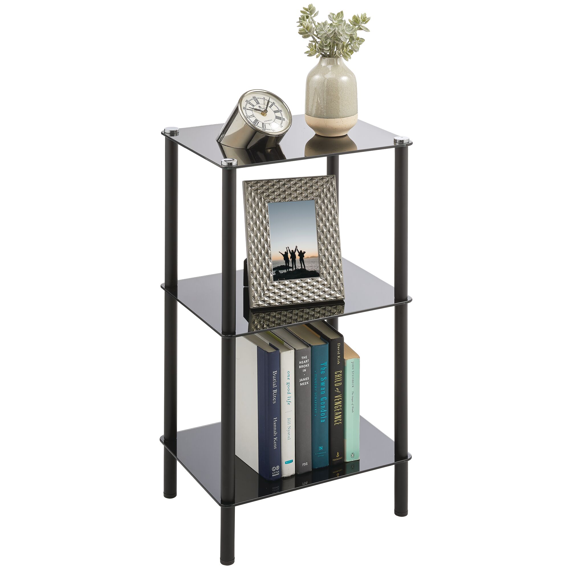 mDesign Metal/Glass 3-Tier Storage Tower with Open Glass Shelves  Black/Black