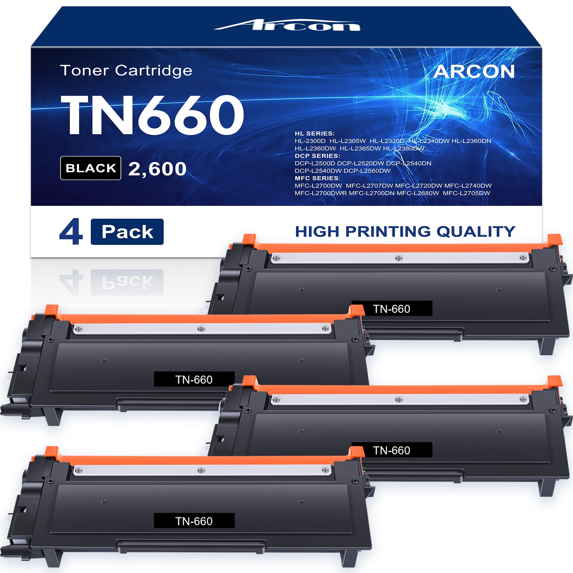 4-Pack TN660 Black Toner Cartridge High Yield Compatible for Brother TN-660 TN660 TN-630 TN630 Work for Brother HL-L2300D HL-L2305W HL-L2320D HL-L2380DW MFC-L2740DW Printer