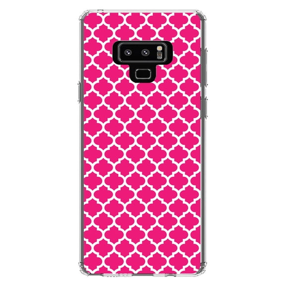 DistinctInk Clear Shockproof Hybrid Case for Samsung Galaxy Note 9 - TPU Bumper, Acrylic Back, Tempered Glass Screen Protector - Hot Pink White Moroccan Lattice