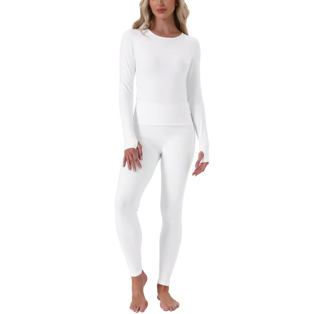 INSPIRAR CHIC Conjuntos de Ropa Interior Térmica para Mujeres con Aberturas para el Pulgar, Manga Larga con Leggings, Conjunto de Pijamas de Capa Base para Invierno Frío, L Blanco