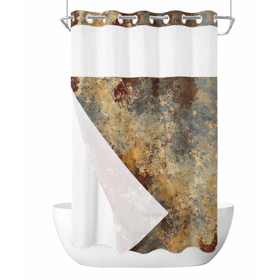 No Hook Cloth Fabric Shower Curtain with Snap in Liner, Brown Gray Waterproof Shower Curtains Set with See Through Top Window, Rustic Abstract Gradient Mottled Texture Bath Curtains Shower 36"x72"