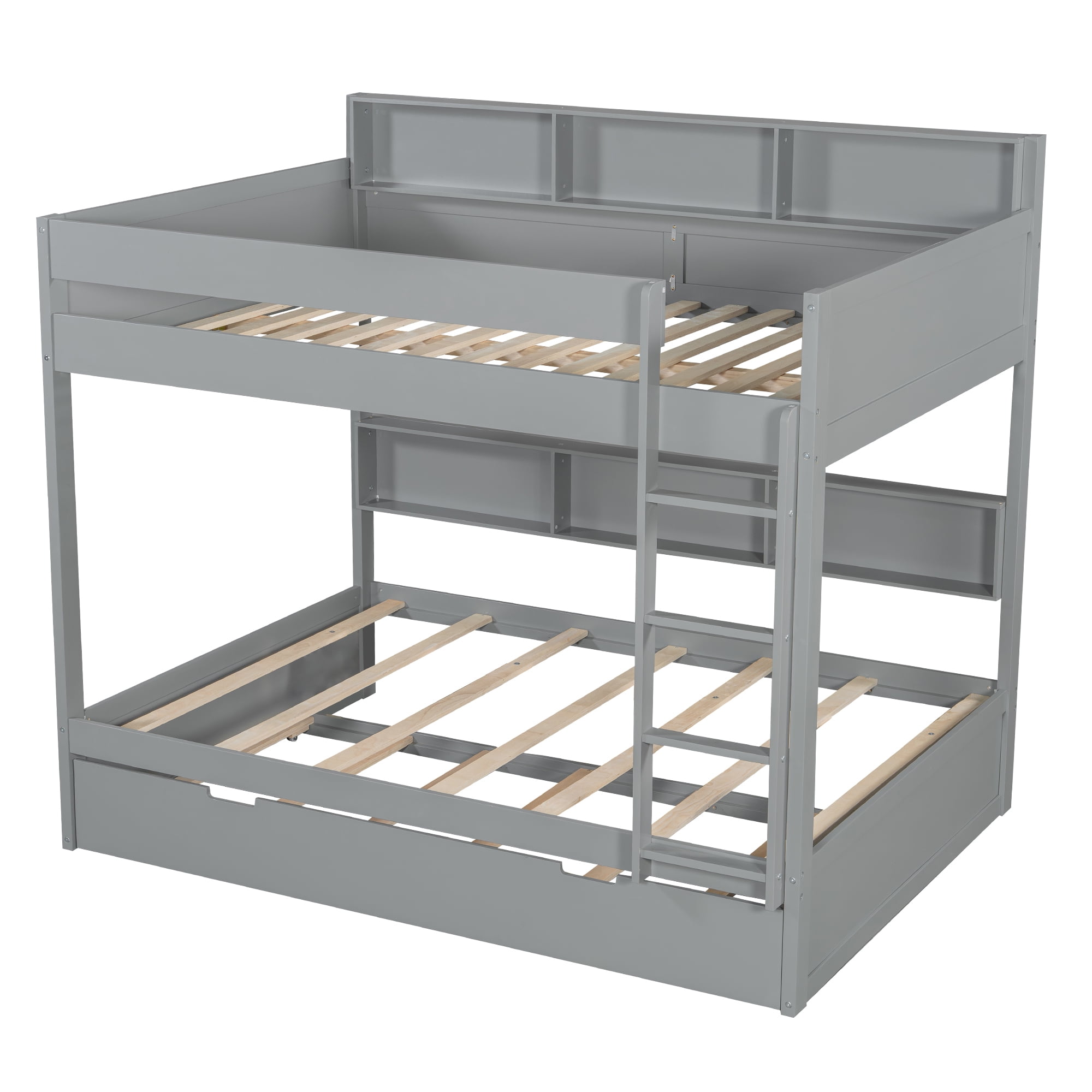 Euroco Wood Twin over Twin Bunk Bed with Storage Shelves and Trundle, Gray