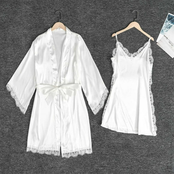 Alitao Womens Pajama Sets Lounge Sets Women's 2 Garter Set Robes Lace Bodysuit Deep V Neck Underwear Cotton Nightgown Matching Pajamas Women'S Sleepwear White M