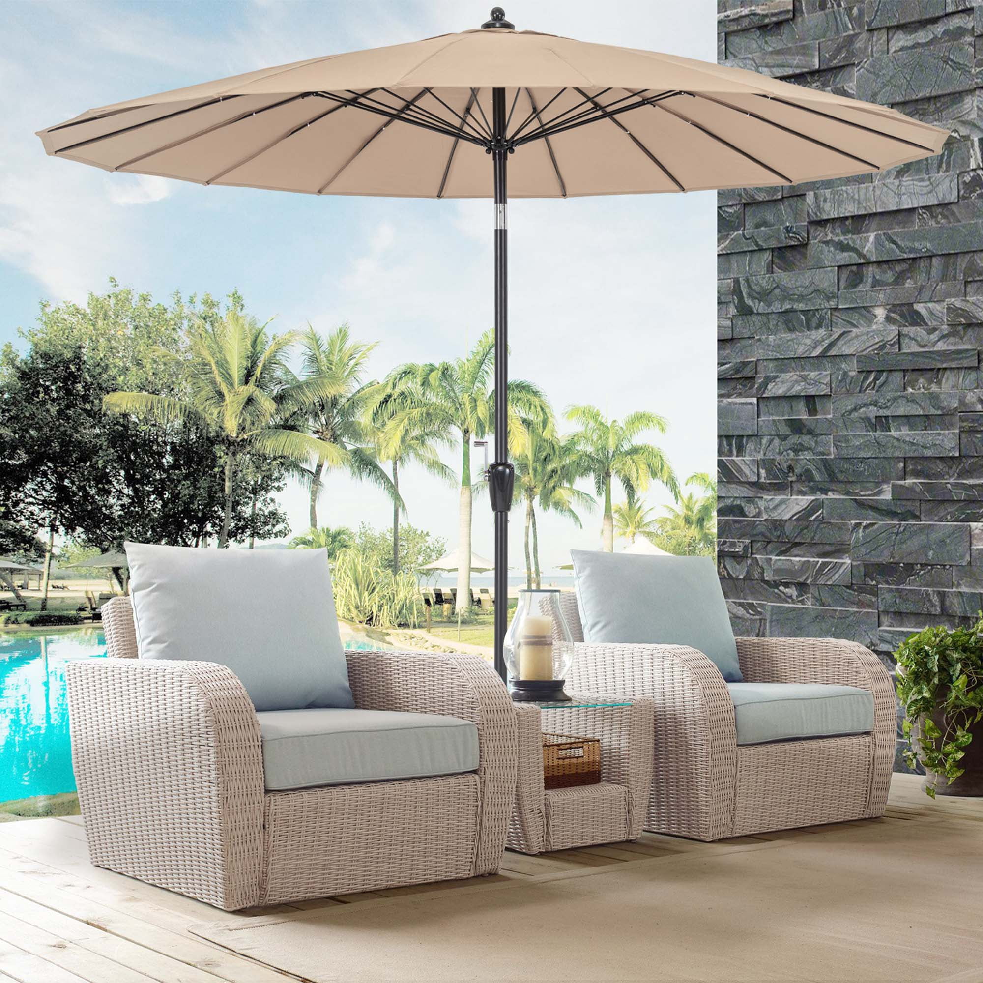 Costway 9 FT Patio Round Market Umbrella with Push Button Tilt, Crank Handle, Vented Top Tan