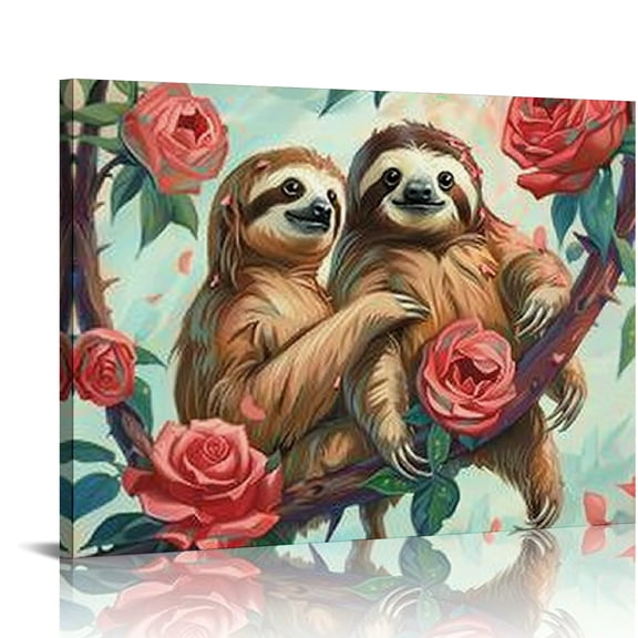 SHERONV Cute Sloth and Flower Wall Art Hanging Canvas Artwork Vertical Painting for Home Office Decoration, 20x16in