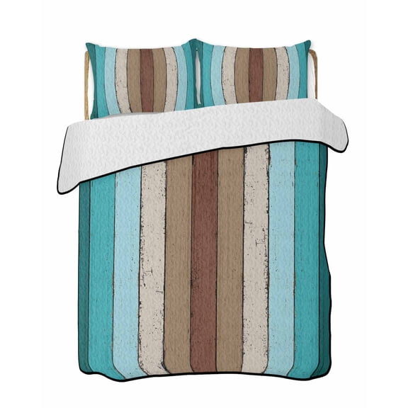 Quilts King Size Bedding Set, Aqua Teal Lightweight Quilted Comforter, Farmhouse Wood Grain Vintage Brown Striped Soft Reversible Bedspread Coverlet with Pillow Covers for All Season, 96" x 106"
