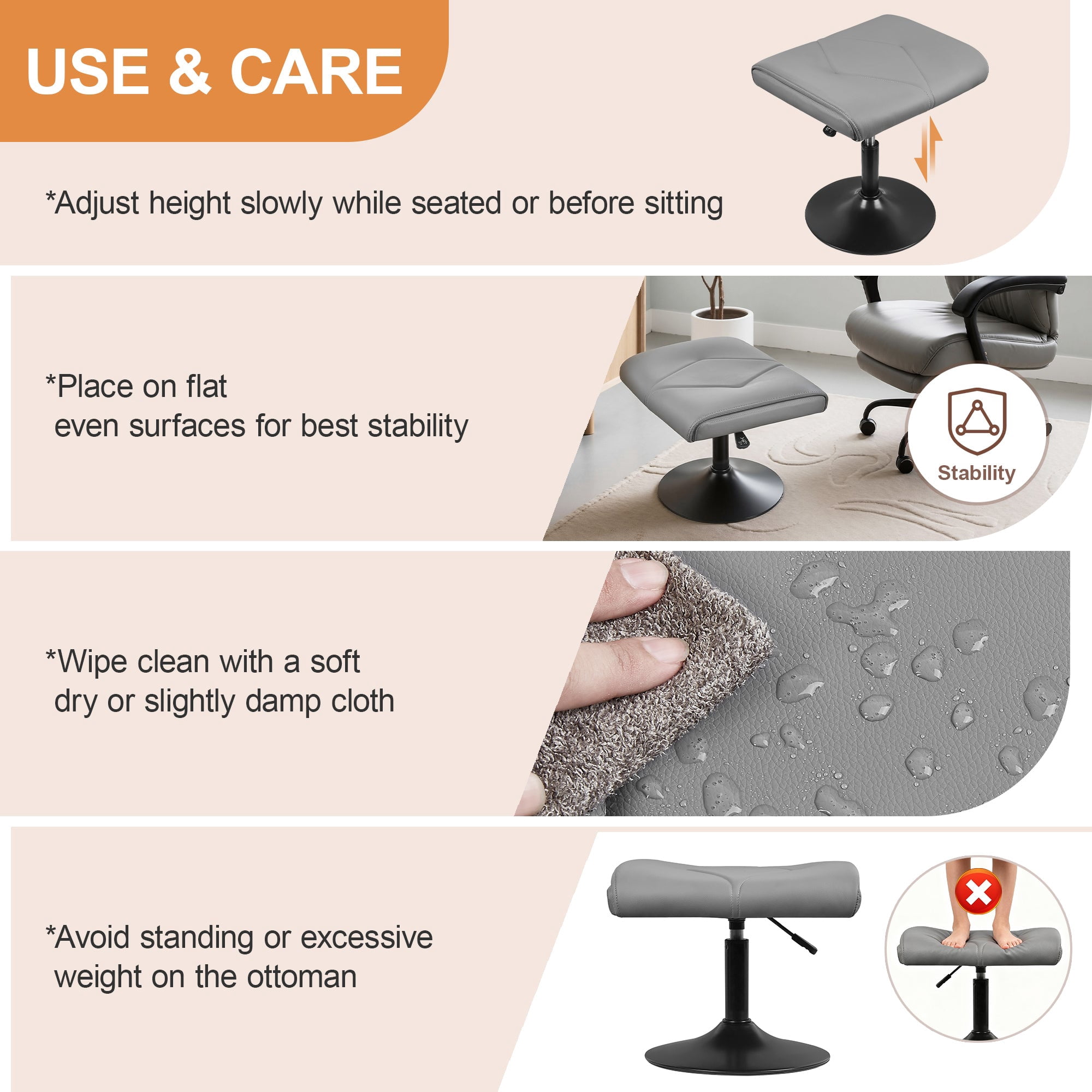 VECELO Footrest Height Adjustable Ottoman Leg and Foot Rest for Work Comfort, Computer Desk Swivel Stool with Thick Padding, Office Seat, Grey