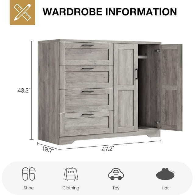OUYAWEI Armoire Garde-Robe Placard 4 Tiroirs 2 Portes Tringle Multifonctionnelle Commode en Bois Gris Chambre