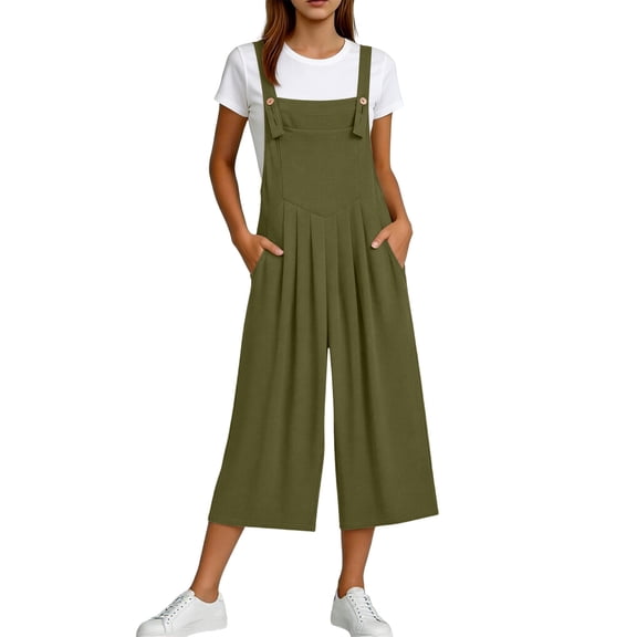 Strapless Rompers for Women Plus Size Cropped Overalls for Women Soft Wide Strap Pleated Front Casual Culotte Romper Capris with Pockets Green L