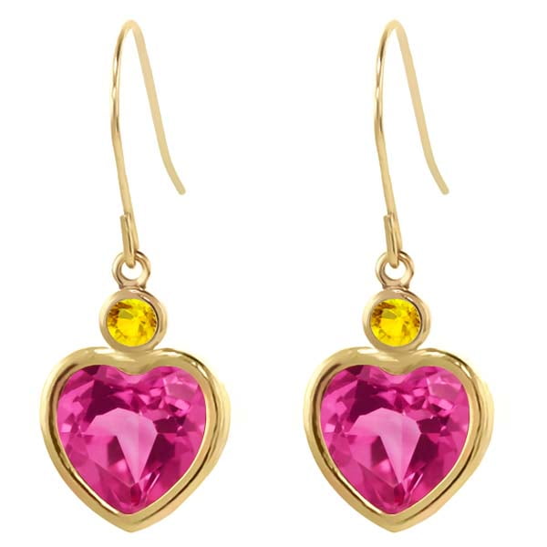 4.66 Ct Heart Shape Pink Mystic Topaz Yellow Sapphire 14K Yellow Gold Earrings by