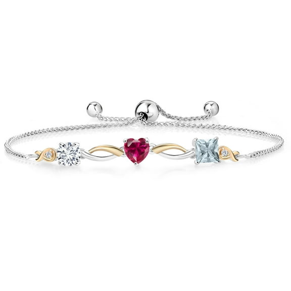 Gem Stone King 925 Silver and 10K Yellow Gold Red Created Ruby Sky Blue Aquamarine and Lab Grown Diamond Tennis Bracelet for Women By Keren Hanan (1.96 cttw, Adjustable up To 9 inch)