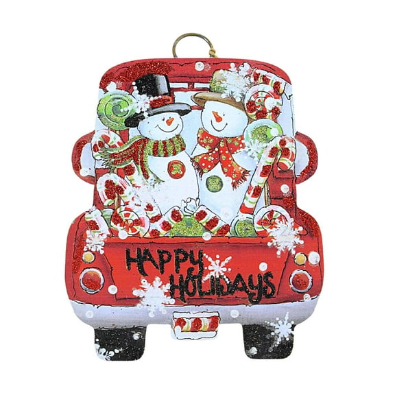 Christmas Snowman Truck Charm Metal Red Pick-Up Truck C22002