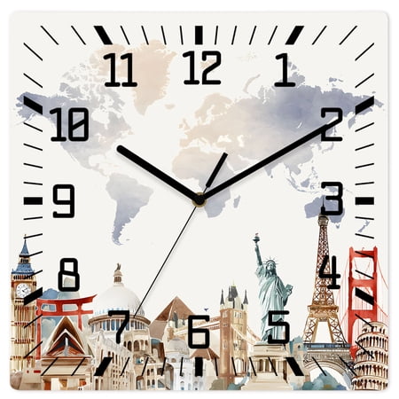 Wall Clock World Map Operated Square Clocks Wooden Silent Non Ticking Wallclock 10 Inch Famous