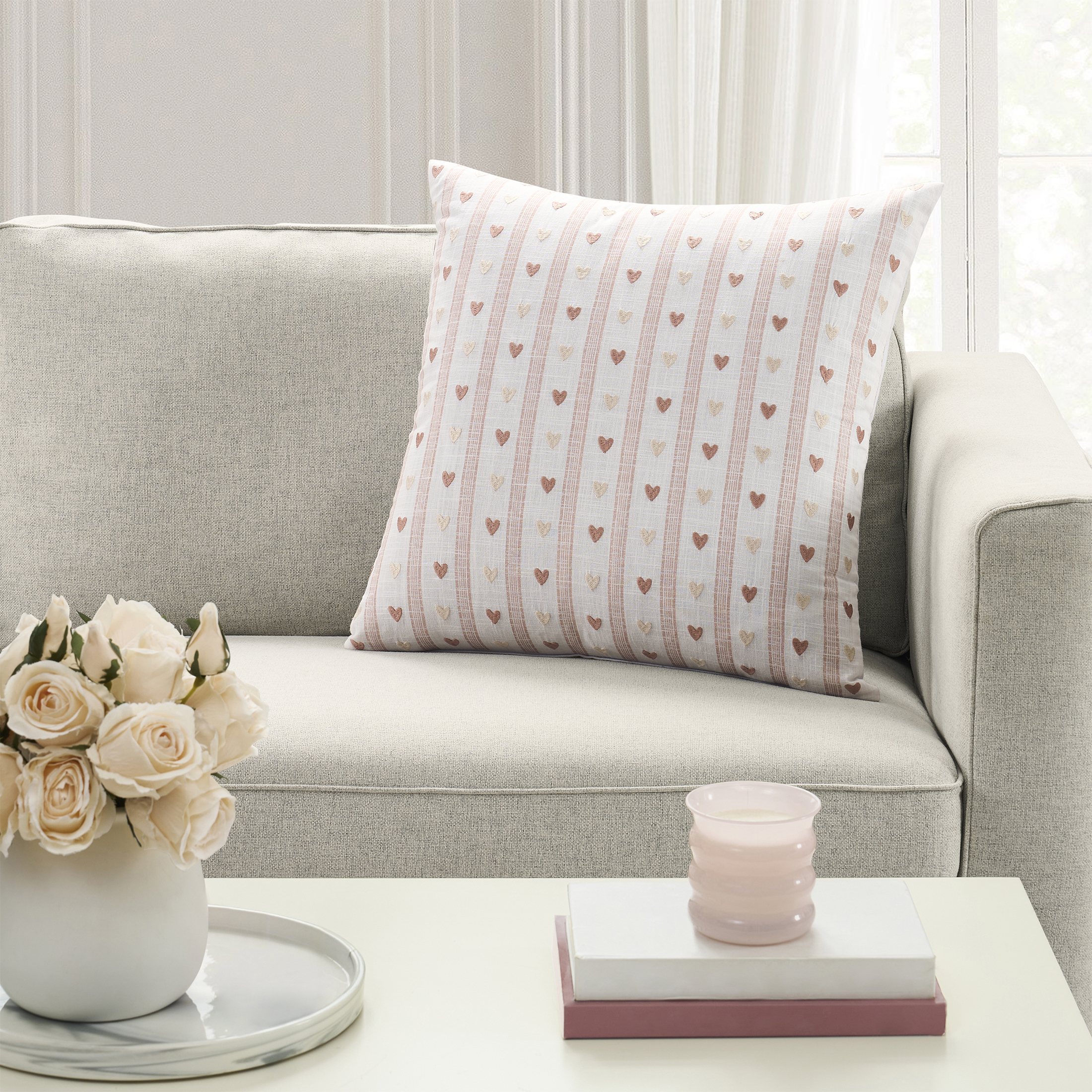 My Texas House 20" x 20" Marna White/Pink Hearts Cotton Decorative Pillow Cover