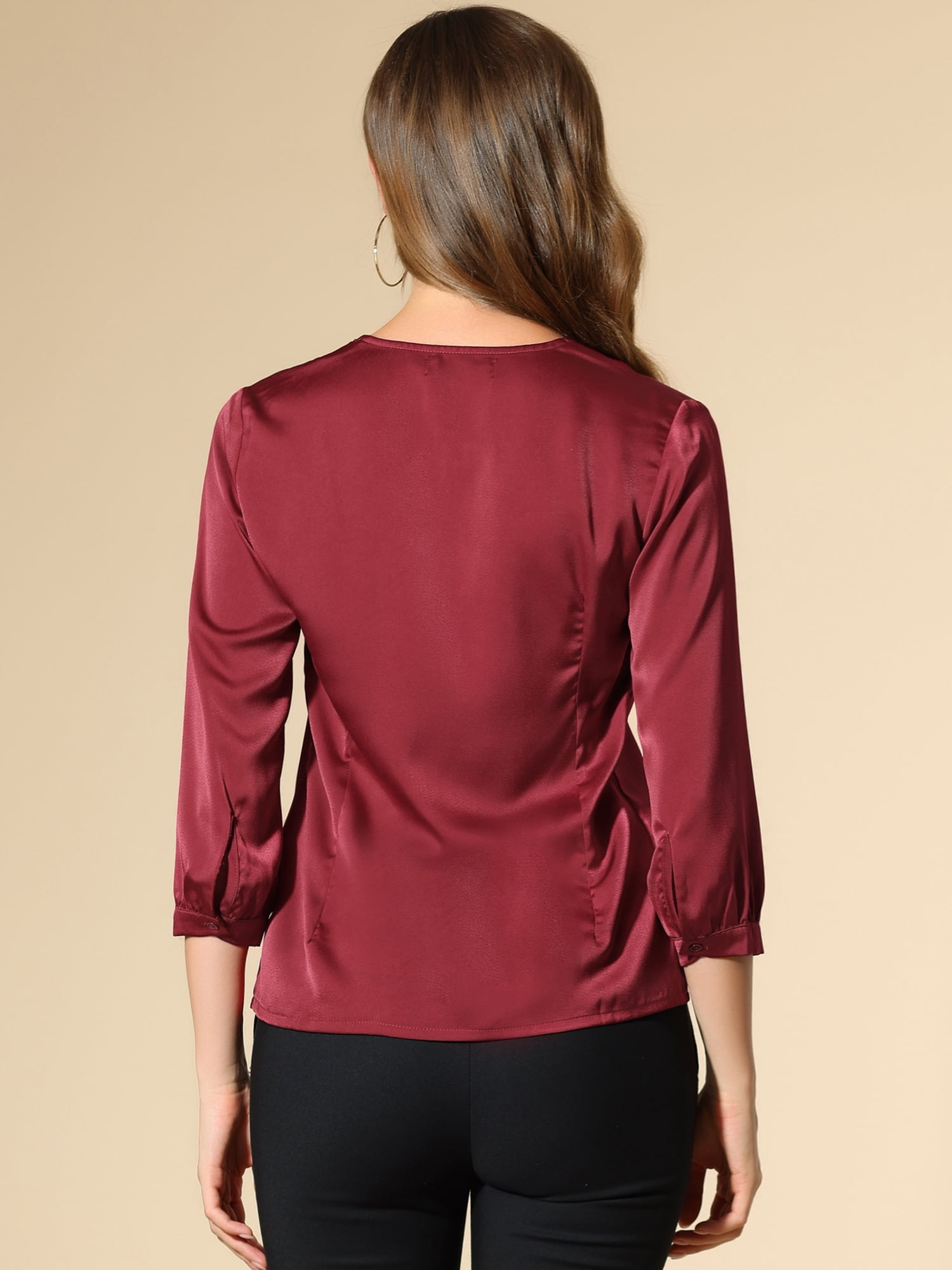 DARING DIVA Women's Satin Blouse Long Sleeve V Neck Top Shirts M Burgundy
