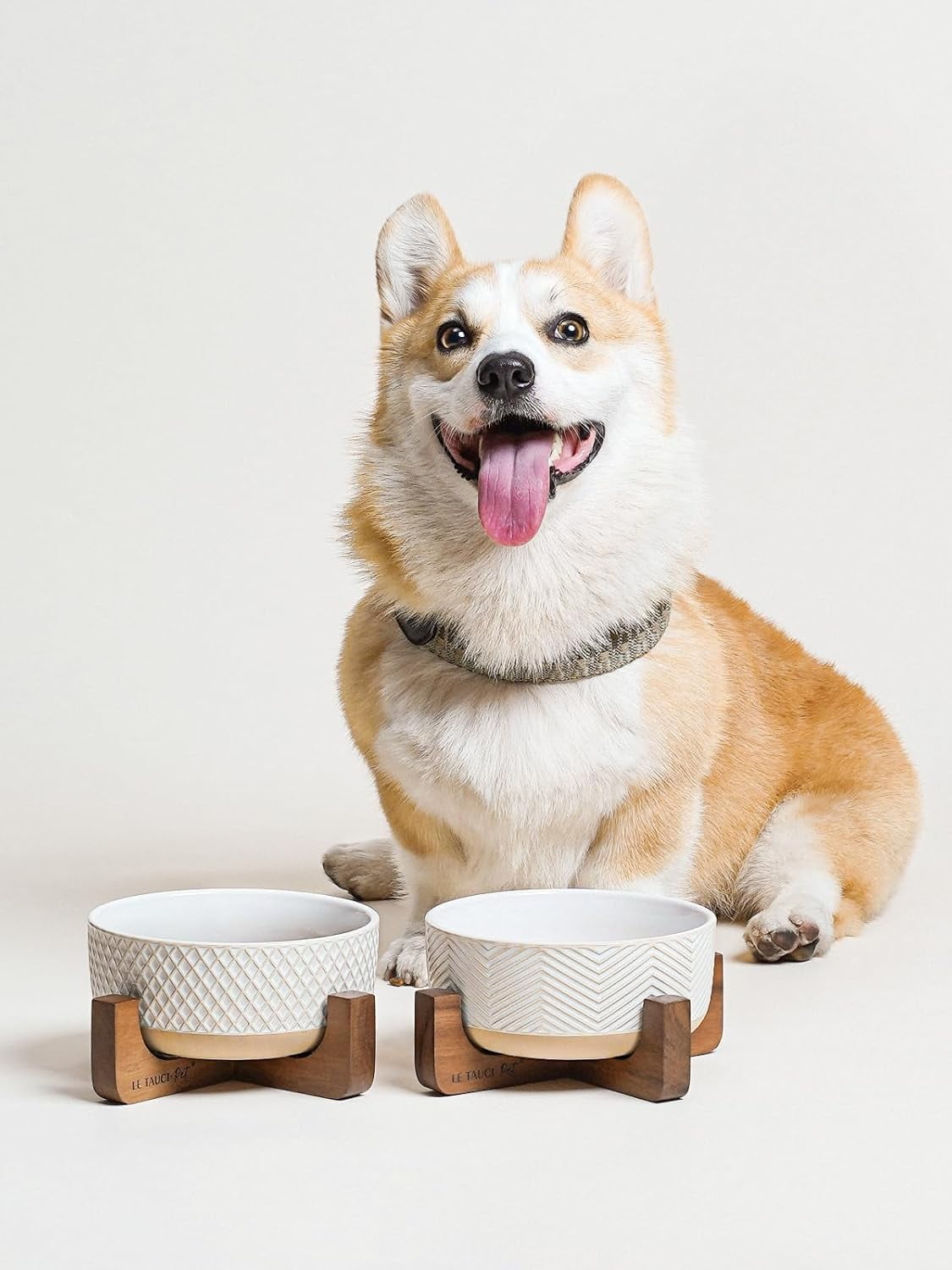 Ceramic Dog Bowls with Wood Stand, 4-Cup Pet Food and Water Dishes Set of 2 for Small Medium Dogs
