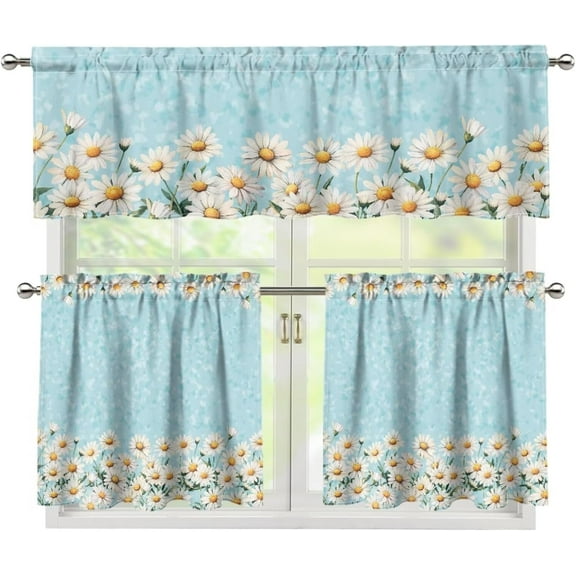 White Daisy Kitchen Curtains Living Room Window Curtains and Valances Set of 3 Rod Pocket Small Window Drape for Bedromm,Cafe,54"x24"