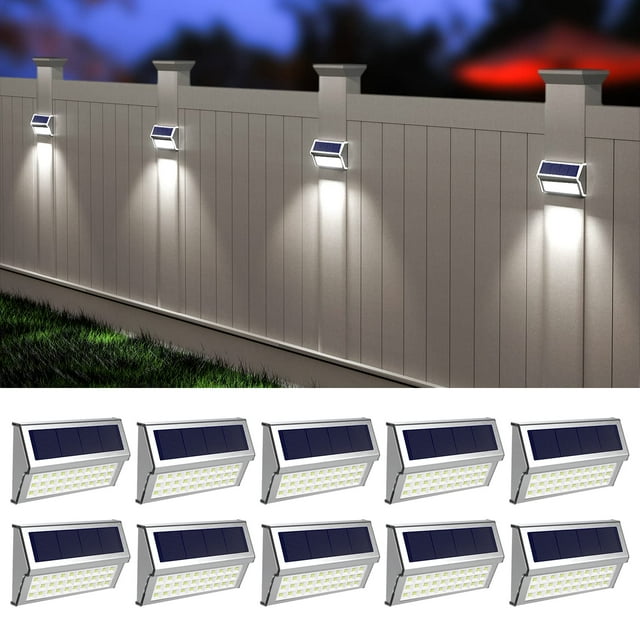 Luces solares para exteriores, paquete de 10 luces para cercas, lámparas solares para postes impermeables al aire libre, luces de cubierta de acero inoxidable, iluminación exterior para esca
